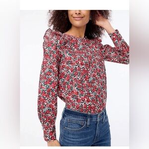 J. Crew Cotton-blend ditzy floral poplin ruffle top Size S pink red green